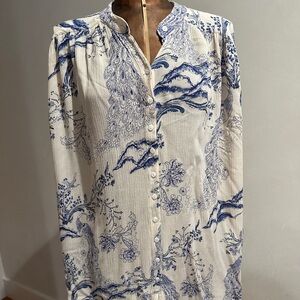 Free People Ivory and Blue Toile Peacock Gauze Blouse Size Medium